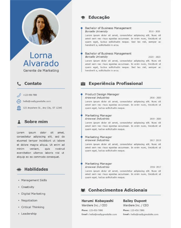 Currículo Marketing moderno azul claro e branco Profissional canva page webp