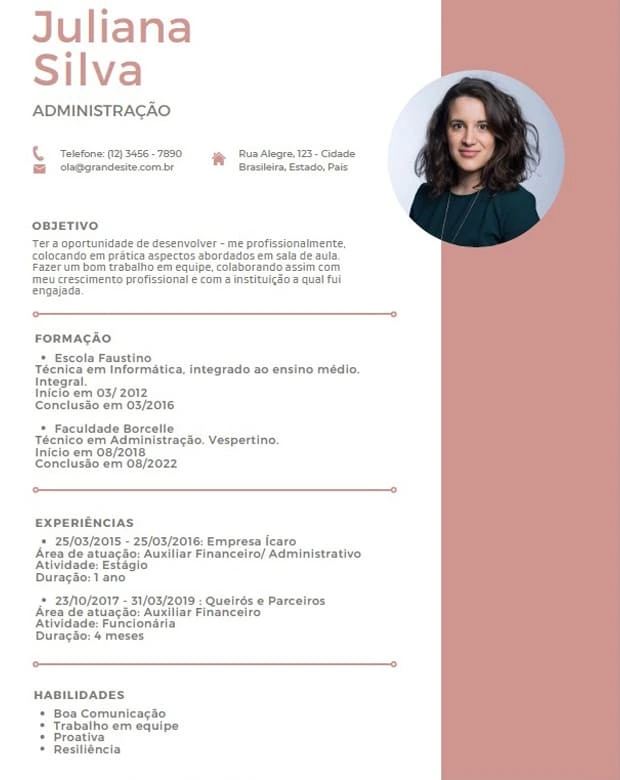 Currículo administração mulher rosa 620x780