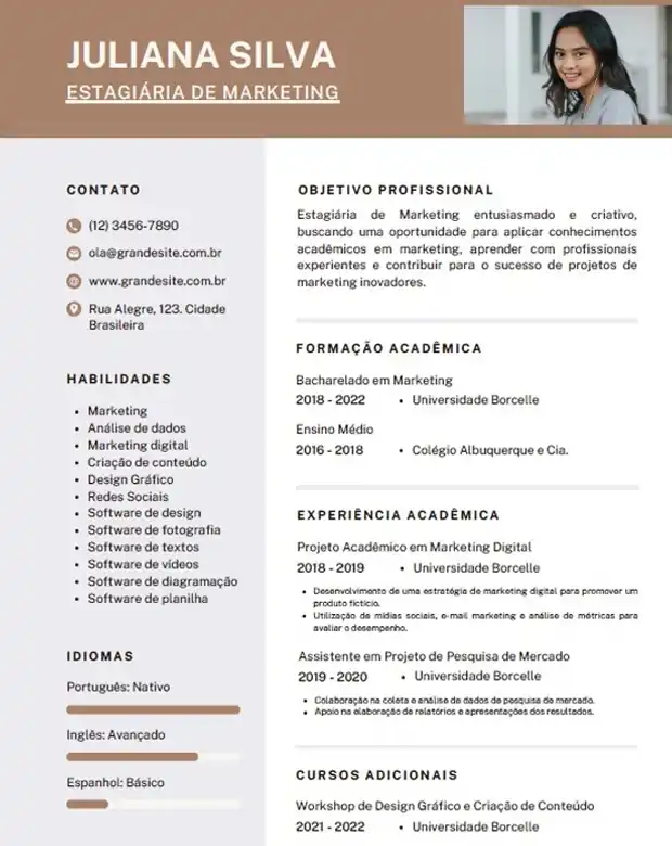 Currículo com foto Juliana Silva com foto minimalista profissional bege 620x780