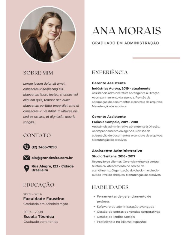 Top 9-Currículo Editável Ana Moraes com foto Administração rosa e branco Agile Currículo