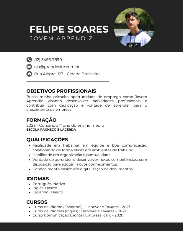 Currículo JOVEM APRENDIZ OU PRIMEIRO EMPREGO preto e cinza 780x620