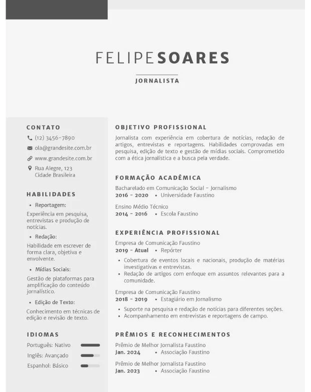 +Currículo Pronto Editável Felipe Soares Jornalista fundo cinza monocromático Agile Currículo