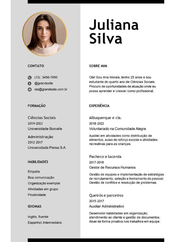 Currículo Pronto Profissional Administração Juliana Silva Corporativo Tradicional Cinza e Preto Agile Curriculo 620x780 webp
