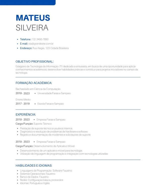 +Currículo TI tecnologia da informação Mateus Silveira Azul e Branco Agile Currículo 1